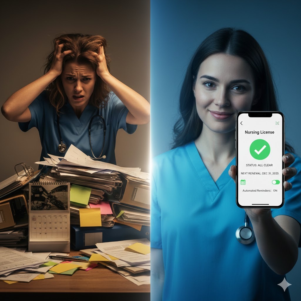 Certification Chaos Vs Calm A split image. On the left, a nurse stressing over a pile of paperwork. On the right, the same nurse smiling showing the FreedomCert App showing all of her licenses and certifications are up to date.