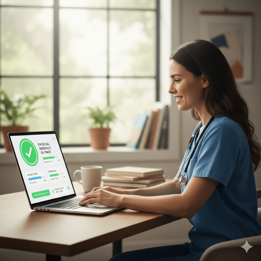 FreedomCert Happy Nurse A happy nurse managing her certifications and licenses on the FreedomCert web application